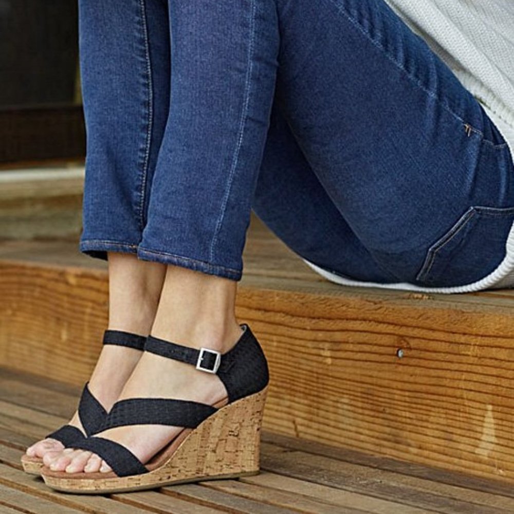 TOMS Black Cork Clarissa Wedge 7